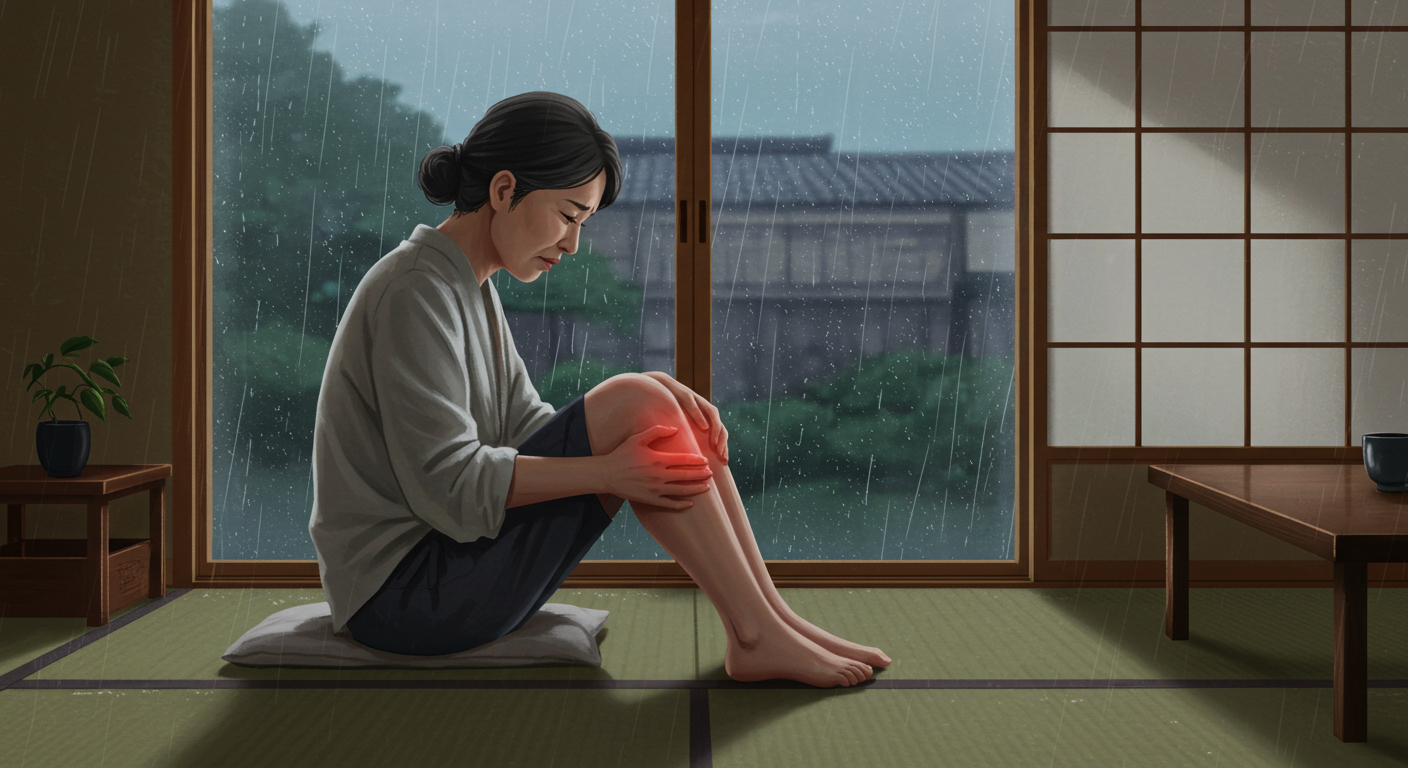 雨の日に膝の痛みを感じる人のイラスト
