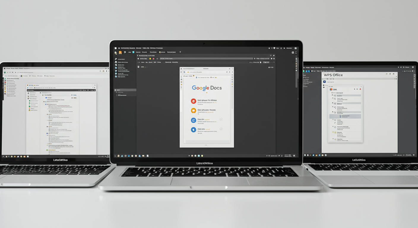 LibreOffice、Google ドキュメント、WPS Officeのロゴと画面表示の比較