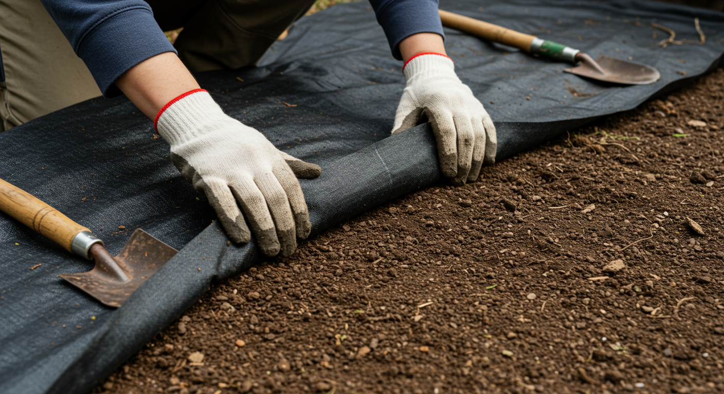 防草シートを敷設している様子