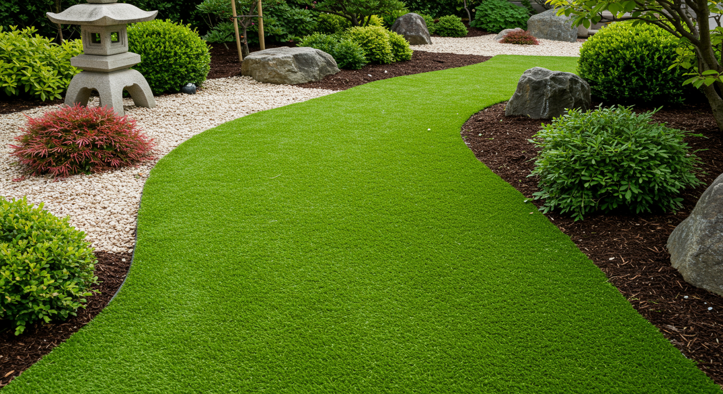 人工芝の施工完了後の美しい庭の様子