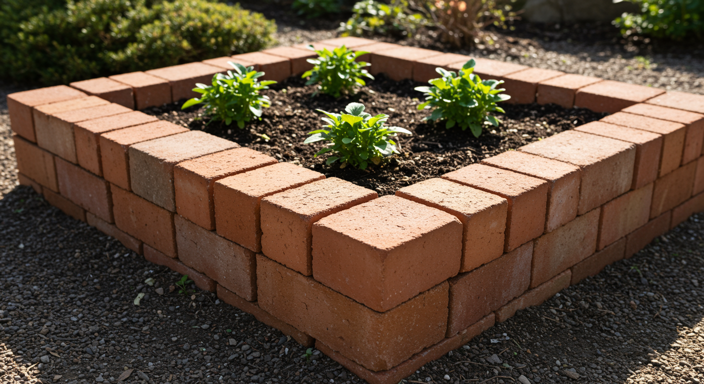 DIYで作られたレンガの花壇