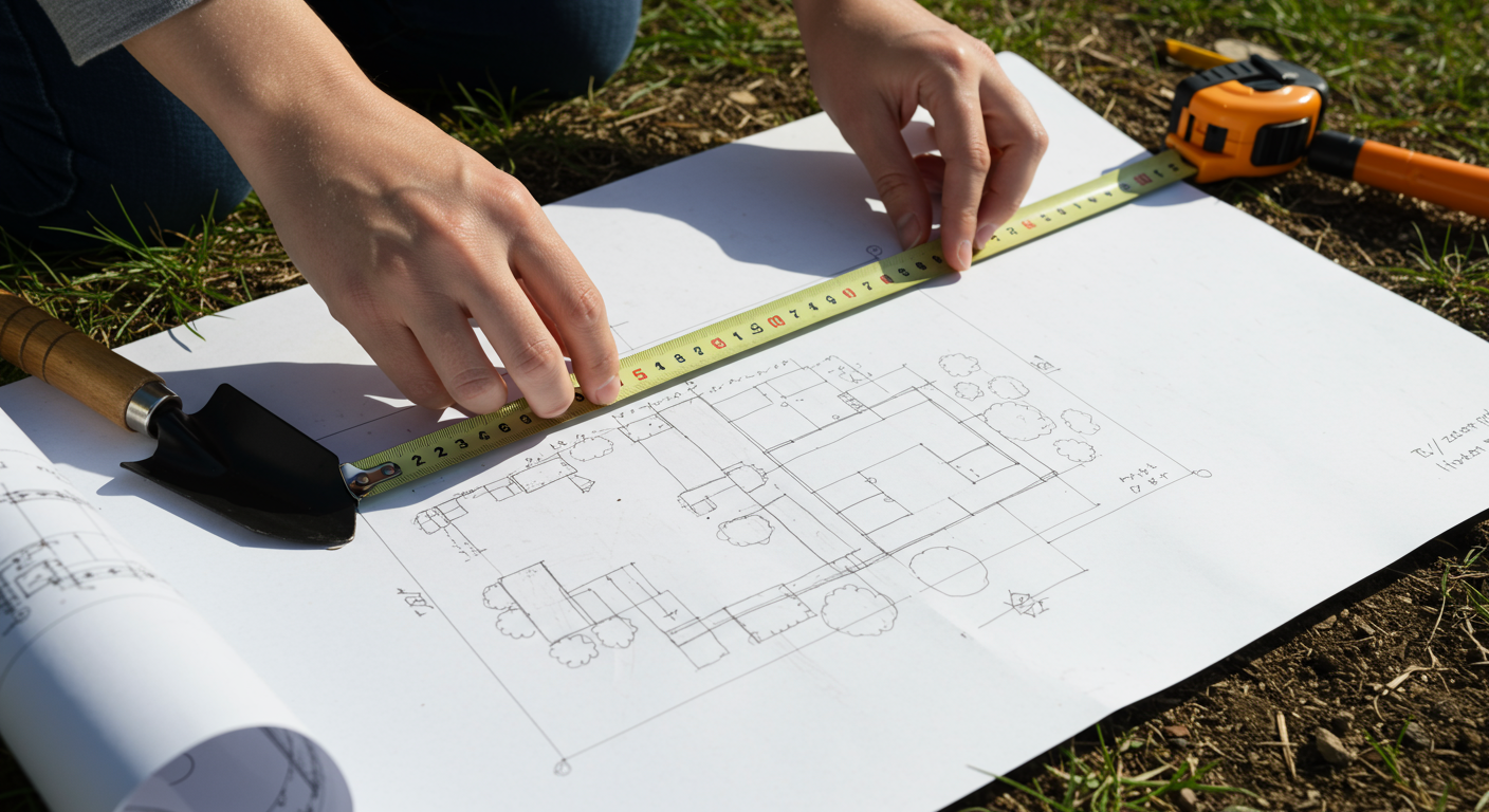 DIY外構計画のための敷地測量の様子