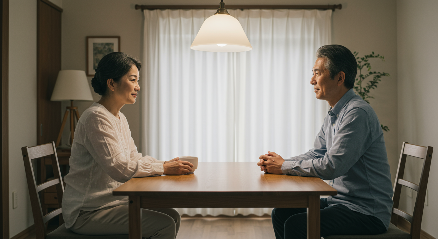 熟年期のカップルが向き合って会話している様子