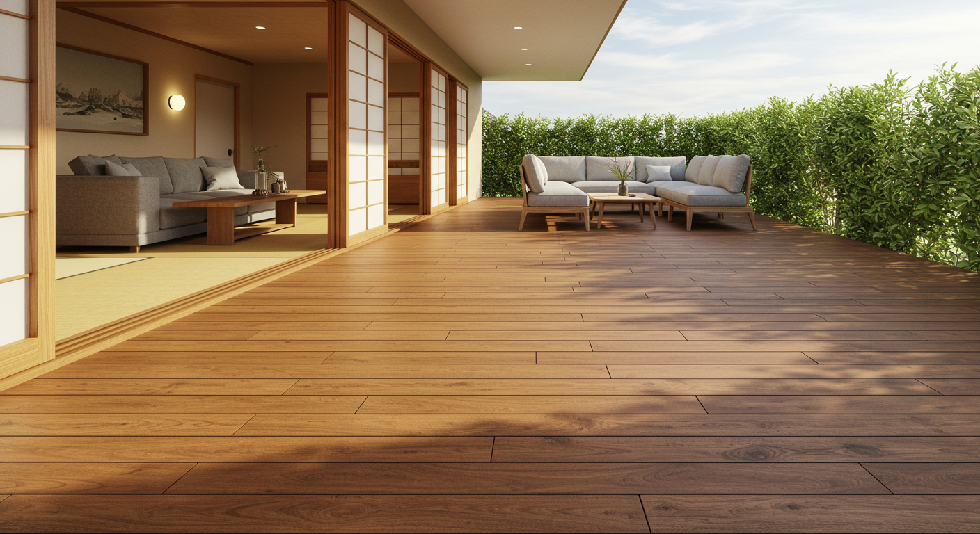 リビングから続くウッドデッキと庭の風景