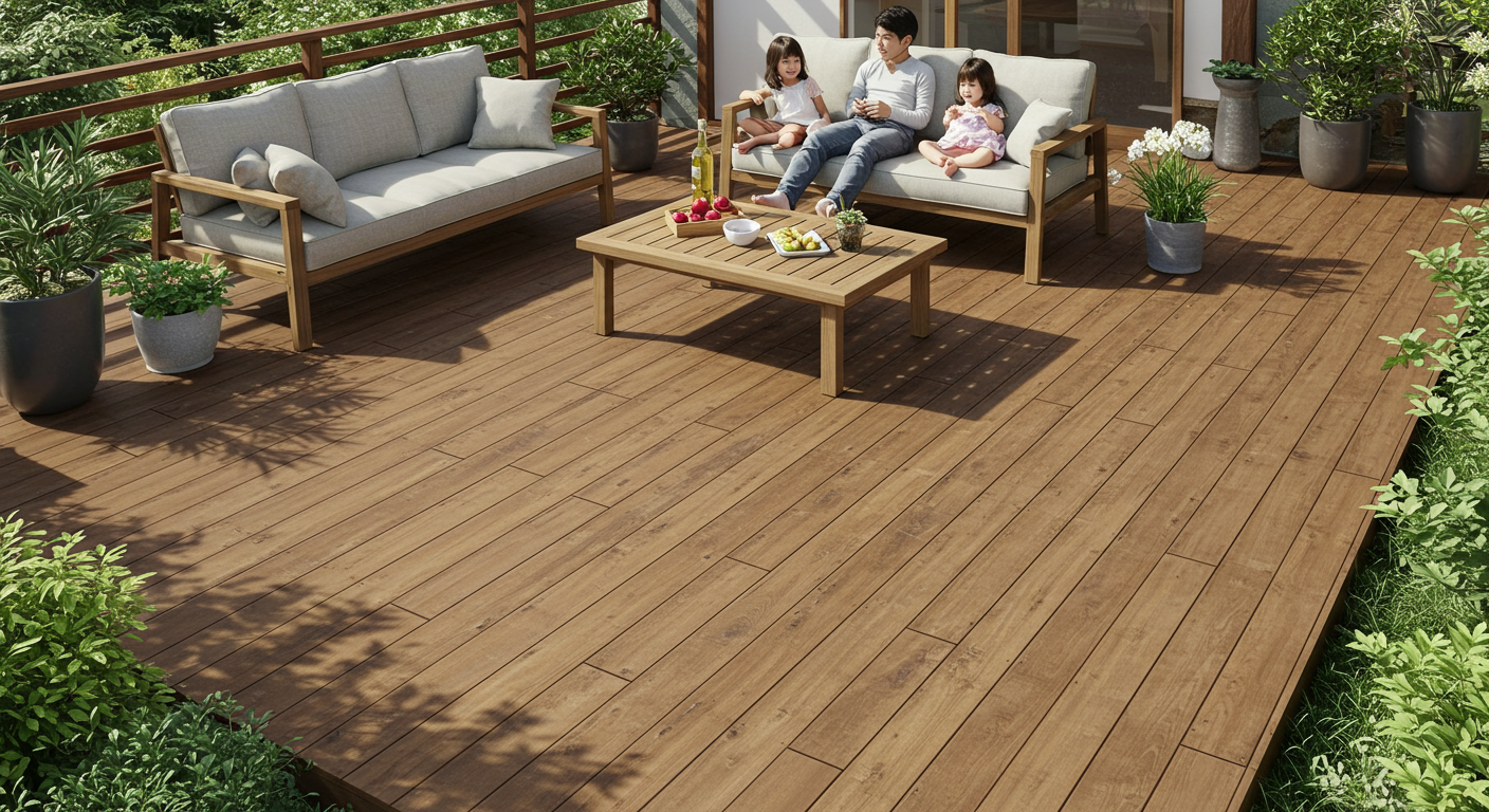 家族でくつろぐウッドデッキの様子