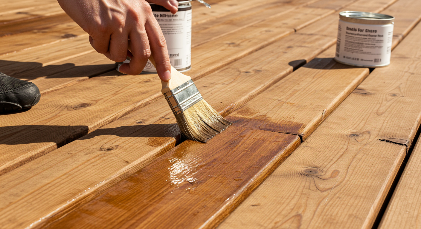 ウッドデッキのメンテナンス作業の様子