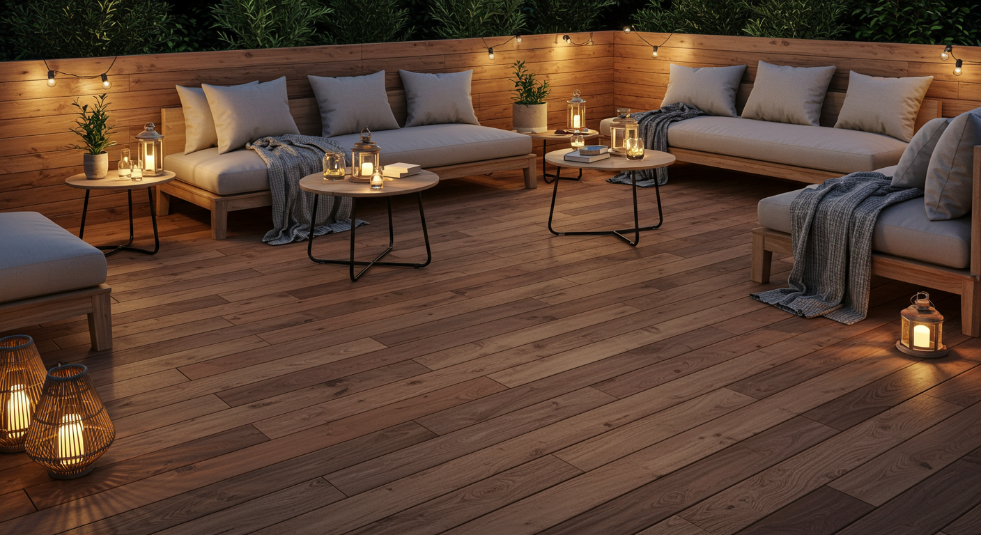 ウッドデッキでのアウトドアリビング風景