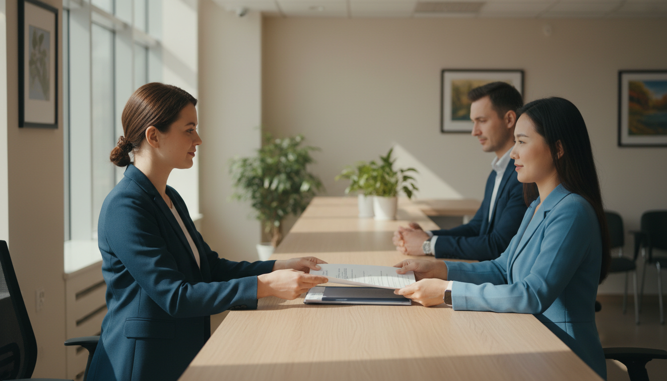 道路管理者の窓口で申請書類を提出する様子