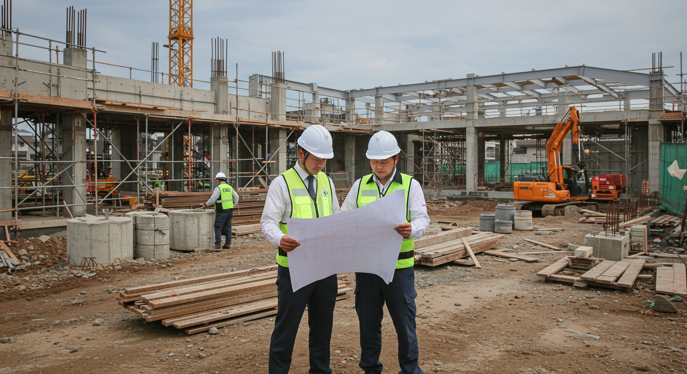 建設現場で図面を確認する技術者